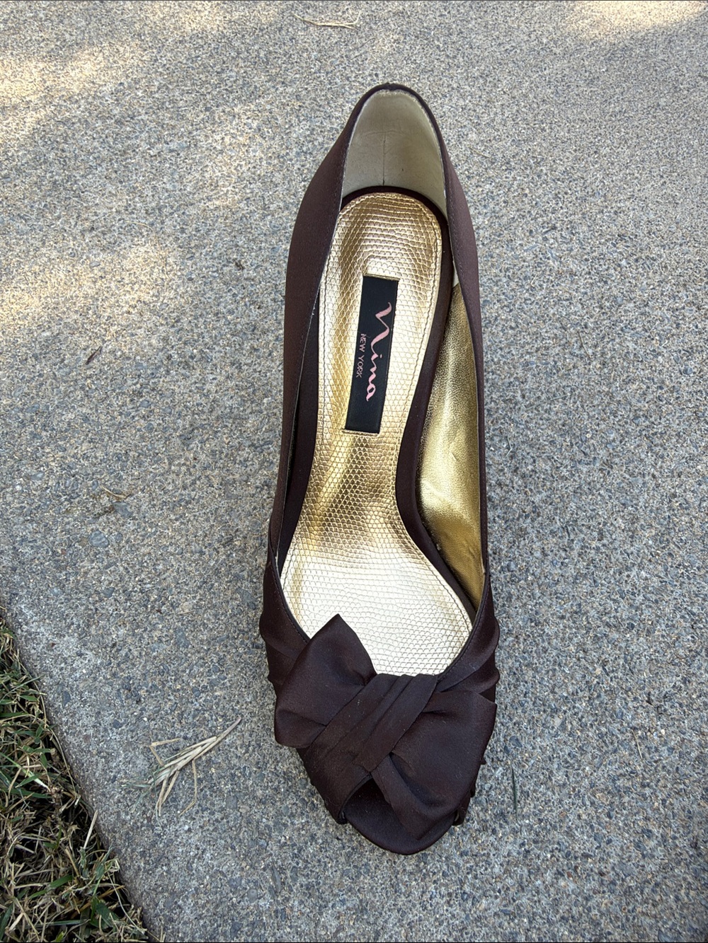 Nina Brown Satin Knot Peep-Toe Pump with Gold Insole